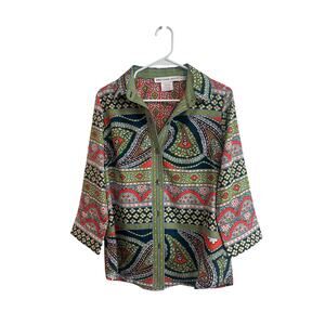Gretchen Scott Boyfriend Shirt Paisley Green Orange Floral Sz S Button Up Great!